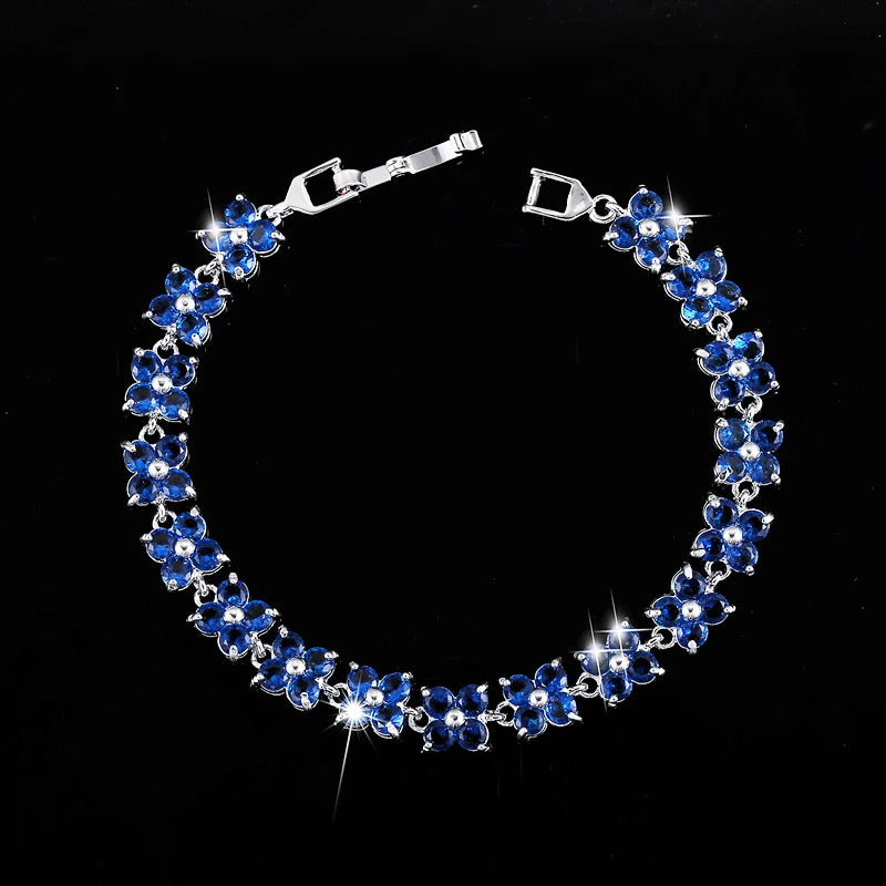 ThreeGraces Trendy Blue Cubic Zirconia White Gold Color Flower Shape Fashion Party CZ Tennis Bracelet for Women Jewelry BR353