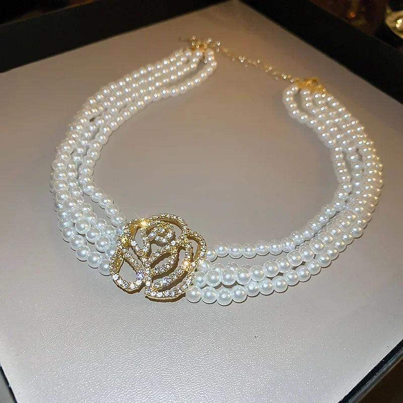Elegant Multilayer Pearl Choker Necklaces for Women Crystal Flowers Necklaces Weddings Party Jewelry