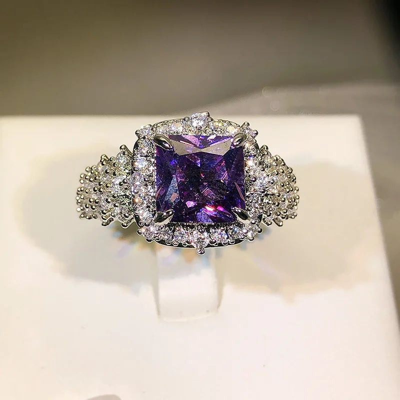 Delicate 925 Silver Color Ring Rectangle Purple Zircon Open Finger Ring Wedding Jewelry Accessories For Women