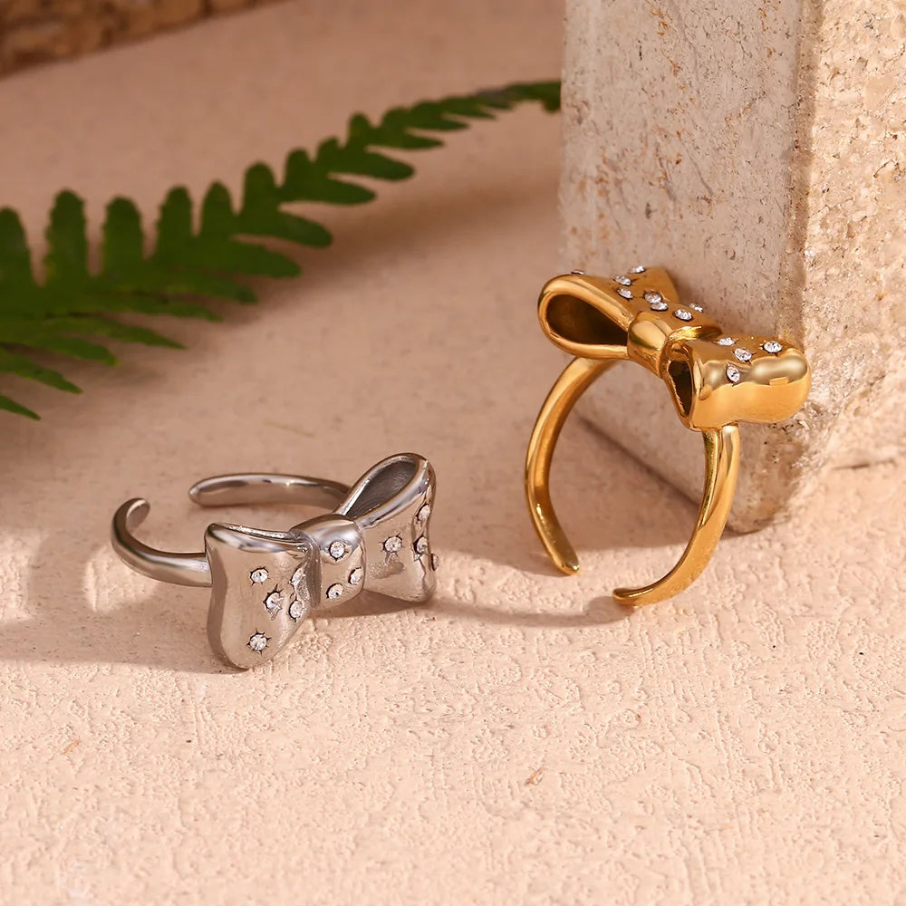 E.B.belle Micro Inlaid Bow Open Ring Waterproof Silver Color 316L Stainless Steel Decoration 18K Gold Plated Jewelry