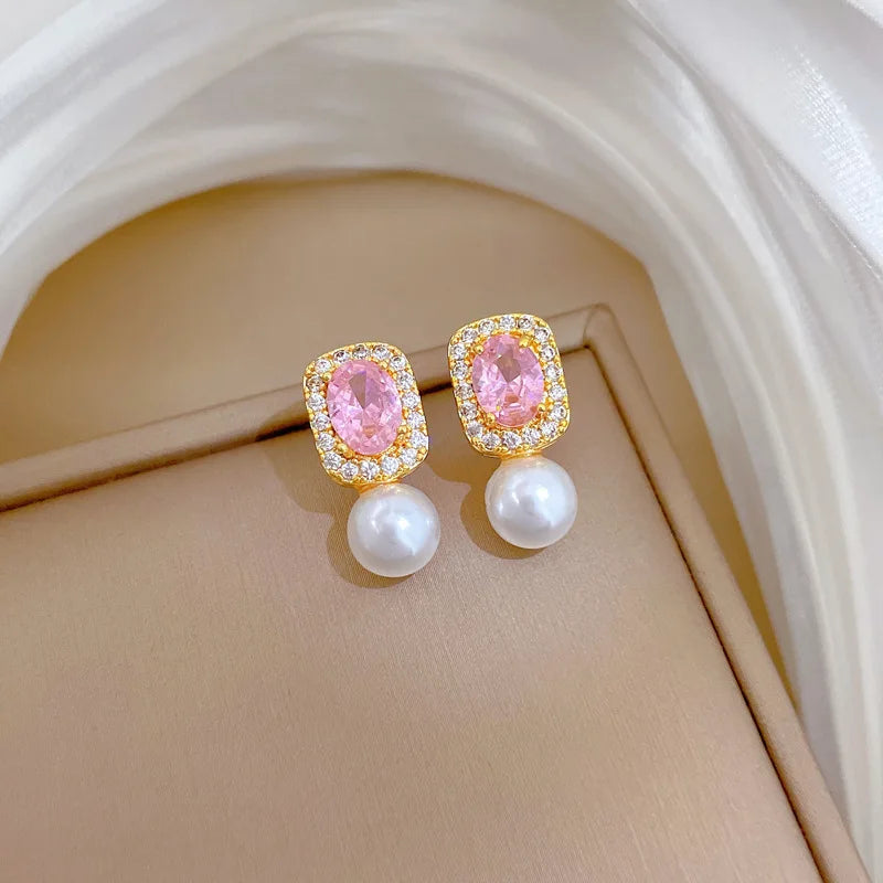 316L Stainless Steel Pink Crystal Pearl Charm Necklace Earrings For Women Girl New Trend Non-fading Jewelry Set Gift