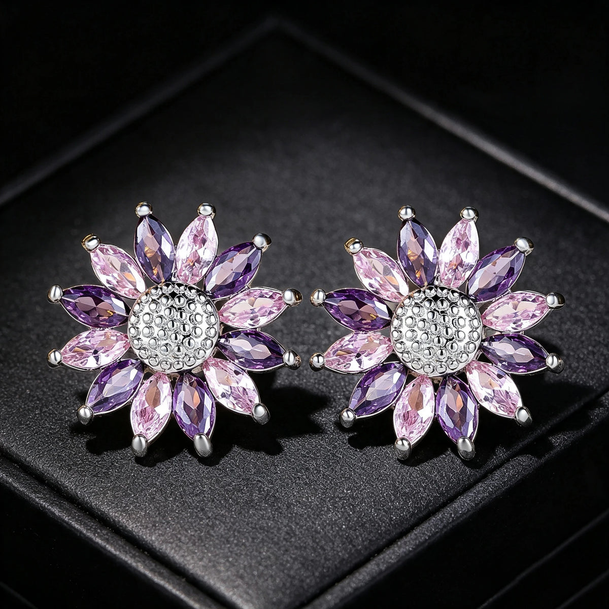 Small SunFlower Purple Zircon Stone Stud Earrings For Cute Women New Trendy Silver Color Birthstone Wedding Jewelry Bridal Gifts