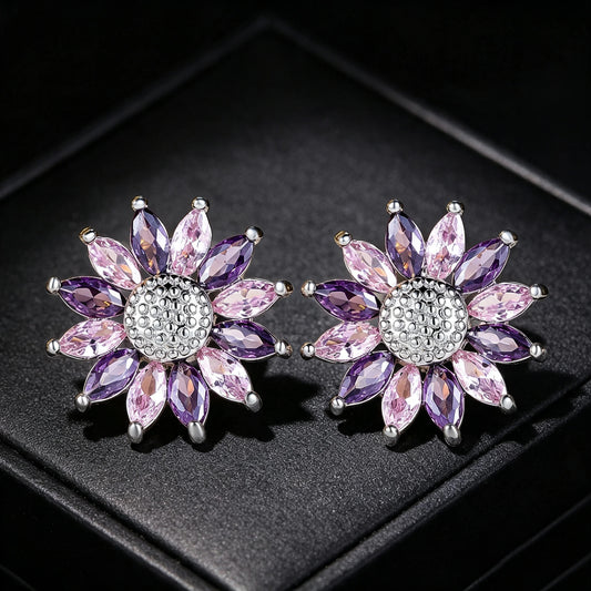 Small SunFlower Purple Zircon Stone Stud Earrings For Cute Women New Trendy Silver Color Birthstone Wedding Jewelry Bridal Gifts