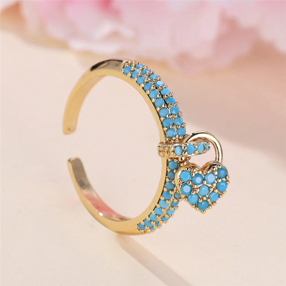 Charm Female Water Blue Crytal Adjustable Love Heart Open Ring Gold Color Cute Gift Wedding Jewelry For Women