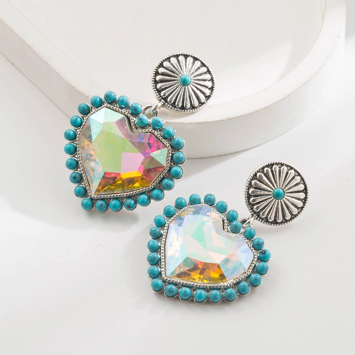 New Retro Ethnic Style Inlaid Glass Diamond Turquoise Circular Heart Pendant Earrings For Women's Long Earrings