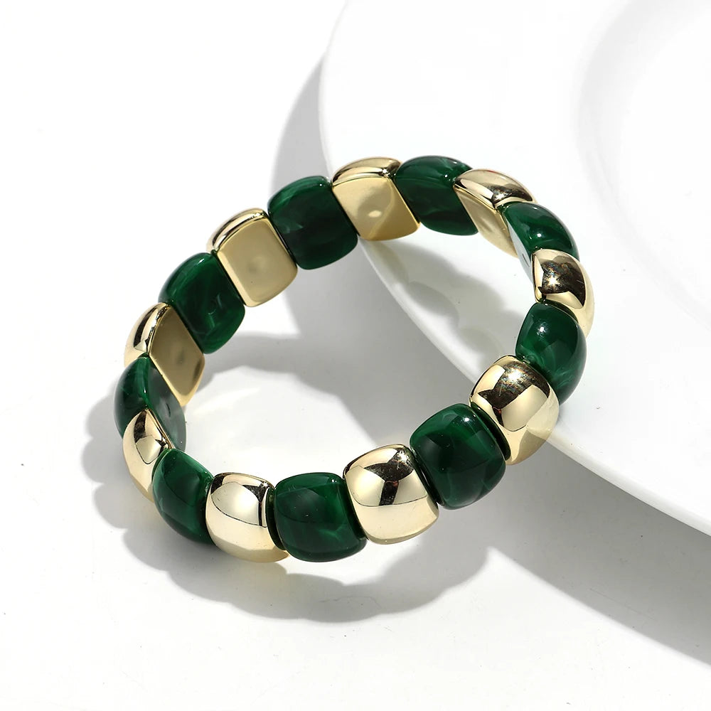 Vintage Acrylic Coloful Geometric Beads Elastic Bangle Bracelets Fashion Resin Golden CCB Bead Stackable Bracelet Women Jewelry