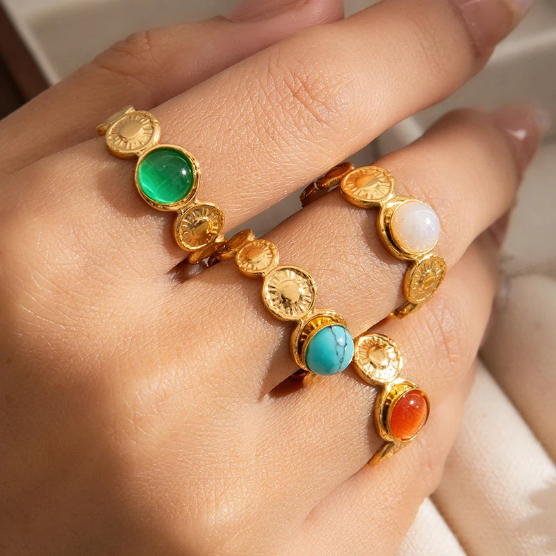 ANENJERY 316L Stainless Steel Colorful Stone Round Card Sun Open Ring for Women Men Niche Special Jewelry Gifts Wholesale