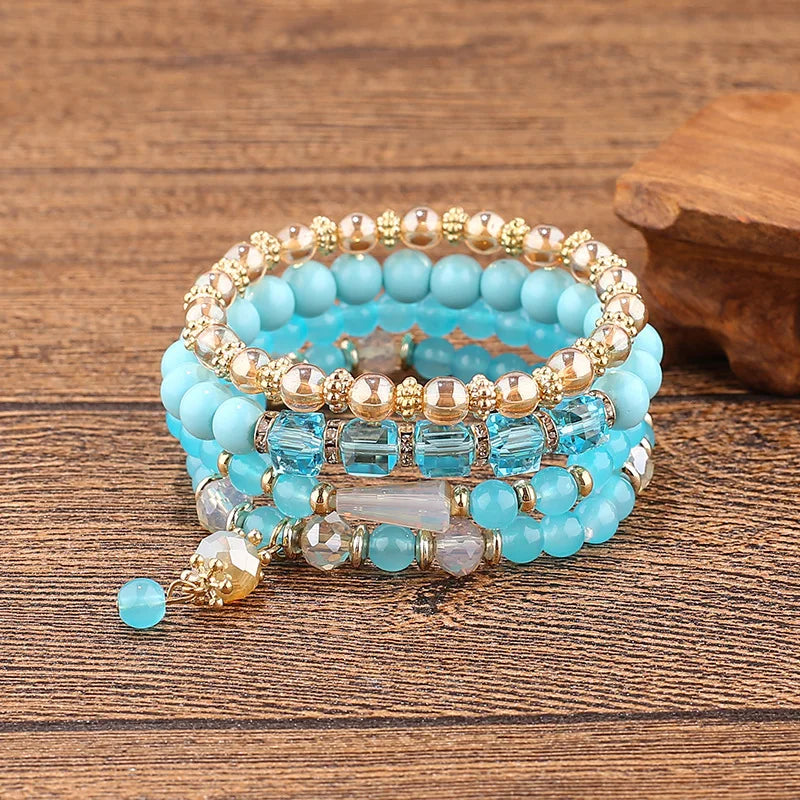 4Pcs Bohemian Bracelet Sets for Women Stackable Glass Acrylic Beads Chain Stretch Bracelets Boho Dainty Jewelry Best Friend Gif