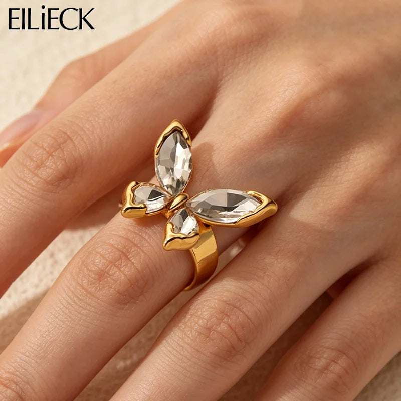 EILIECK Minimalist Classic 18K Gold Color Plated Butterfly Zircon Adjustable Ring Hypoallergenic Stainless Steel Jewelry Gift