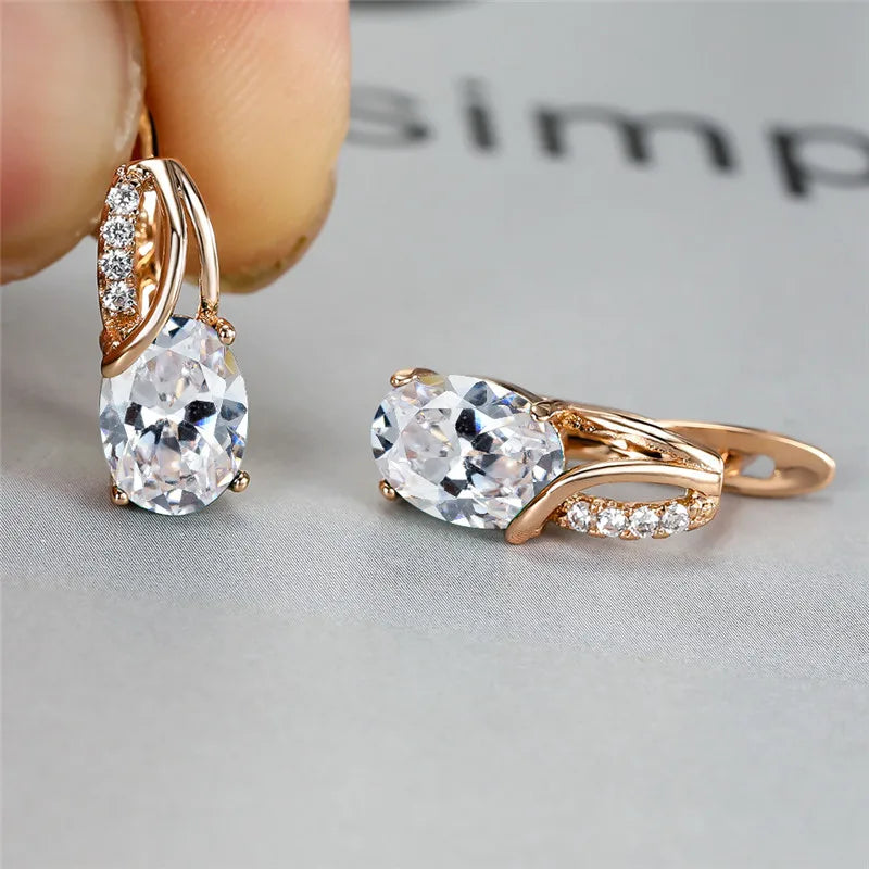 Crystal Purple Oval Stone Jewelry Rose Gold Color Wedding Hoop Earrings For Women