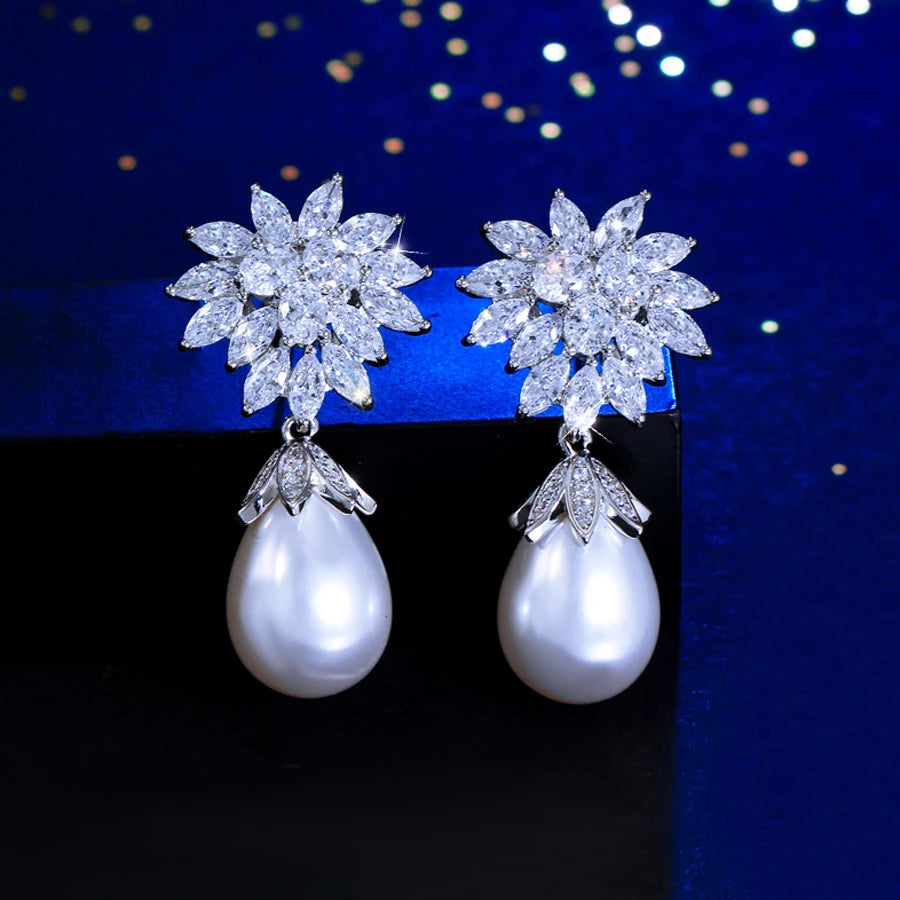 ThreeGraces Elegant Shiny Zirconia Long Big Simulated Pearl Bridal Wedding Engagement Earrings for Women Party Jewelry E1992