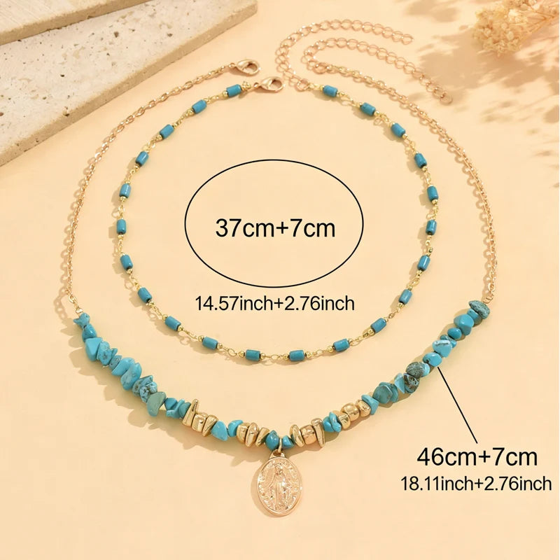 2Pcs Vintage Blue Natural Stone Beads Choker Necklaces for Women Bohemia Geometry Pendant Necklace Trendy Neck Jewelry