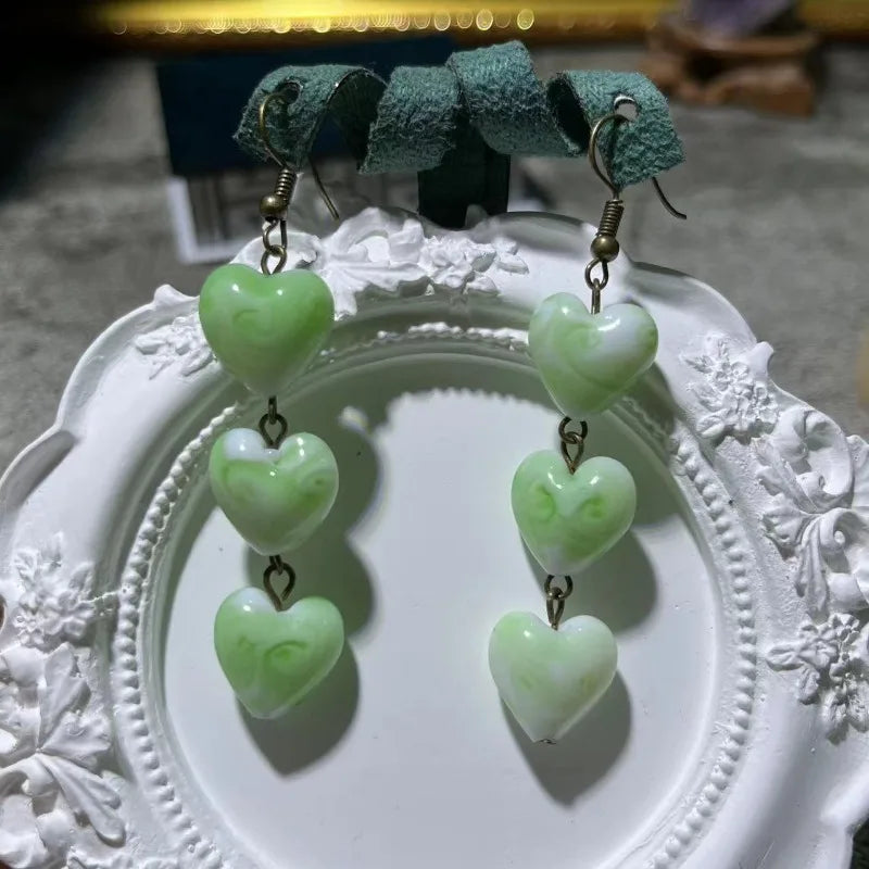 Green Earrings for Women Hearts Shaped Vintage Sweet Jewelry Vintage Palace Style Light Luxury Pendientes Mujer