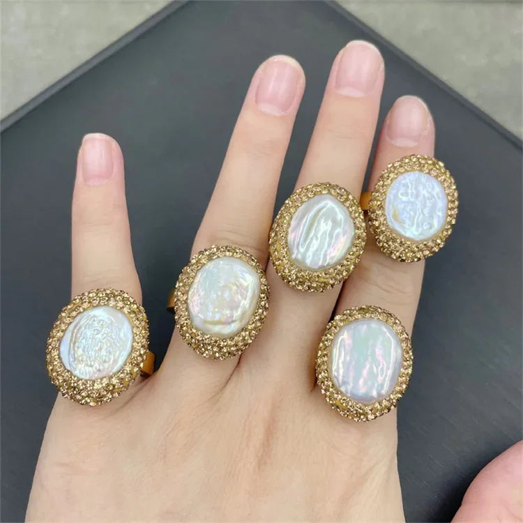 Baroque Coin Pearl Rhinestone Index Finger Ring Rhinestone Freshwater Pearl Open Cuff Rings for Women Party Ball Jewelry