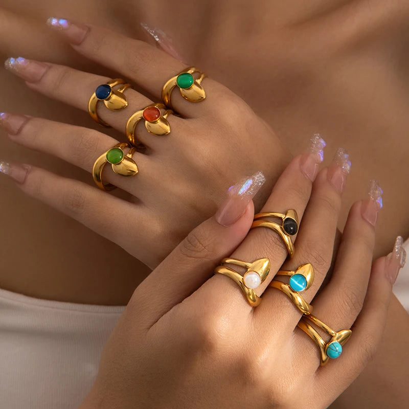 ANENJERY 316L Stainless Steel Colorful Stone Water Droplets Open Ring for Women Personality Niche Jewelry Niche Gifts Wholesale