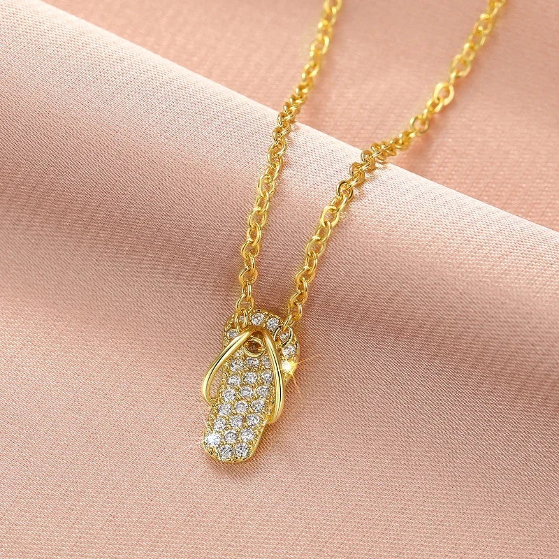 Chic Flip Flops Shaped Pendant Necklace for Women Bling Crystal CZ Funny Summer Girls Neck Accessories Statement Jewelry