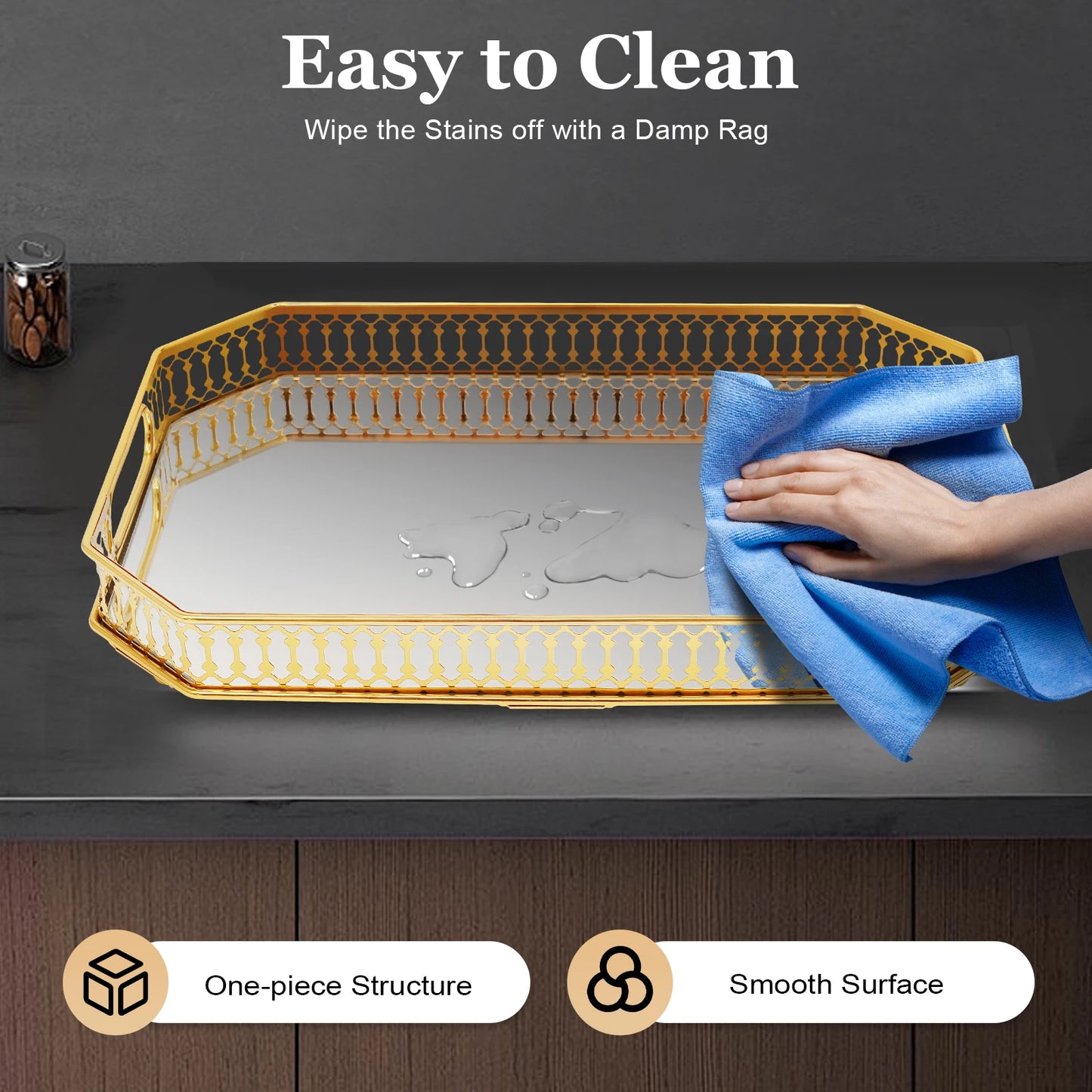 Gold Electroplated Iron Glass Serving Tray Rectangular Cut-out Handles Raised Edge Spherical Feet Decorative Vanity Tray
