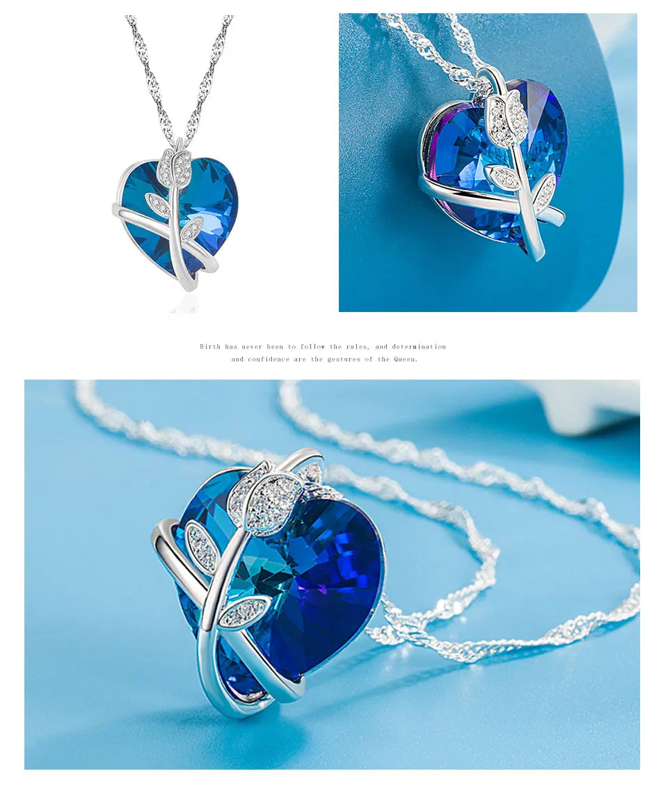 ZDADAN 925 Sterling Silver Rose Flowers Blue Heart Crystal Necklace For Women Fashion Jewelry