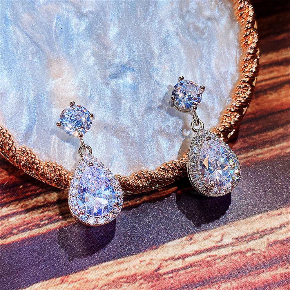 Luxury Female Blue Yellow White Zircon Stone Drop Dangle Earrings Cute Silver Color Party Jewelry For Women