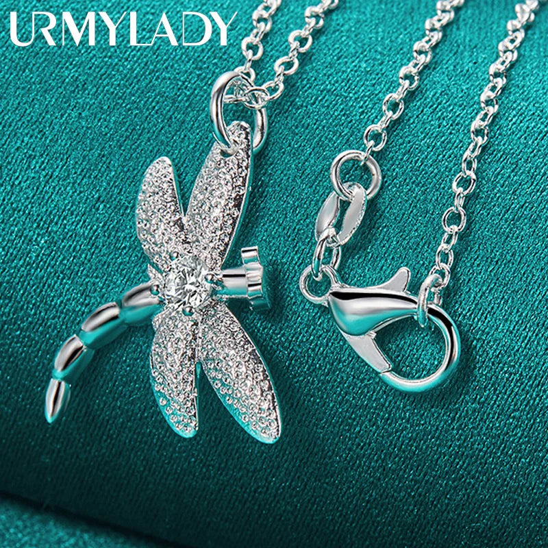 URMYLADY 925 Sterling Silver Dragonfly Necklace Bracelet Earring Ring Jewelry Set For Women Wedding Party Fashion Charm Gift