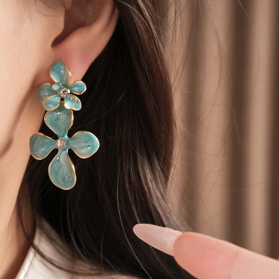 Double Layered Smudging Enamel Flower Drop Earrings for Women Vintage Shiny Rhinestones Dangle Earring Dating Party Jewelry N