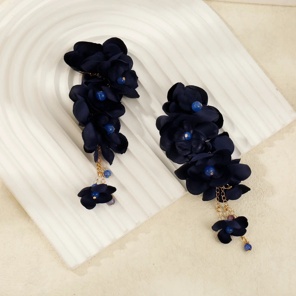 Badu Bohemia Fabric Flower Dangle Long Earrings for Women Luxury Design Wedding Party Elegant Jewelry 2024