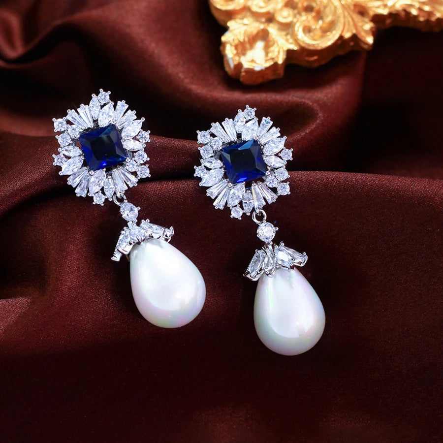 ThreeGraces Vintage Luxury Blue Square Zirconia Long Big Simulated Pearl Earrings for Women Fashion Bridal Party Jewelry E1969