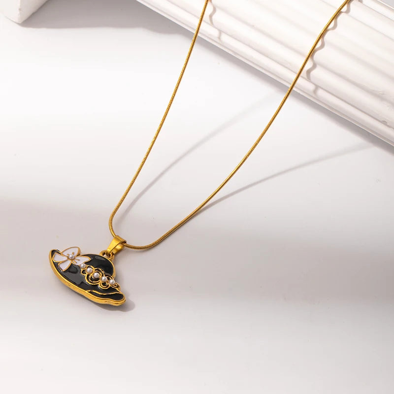 ANENJERY 316L Stainless Steel Colorful Enamel Hat Bag Pendant Necklace For Women Niche Luxury Design Fashion Jewelry Wholesale