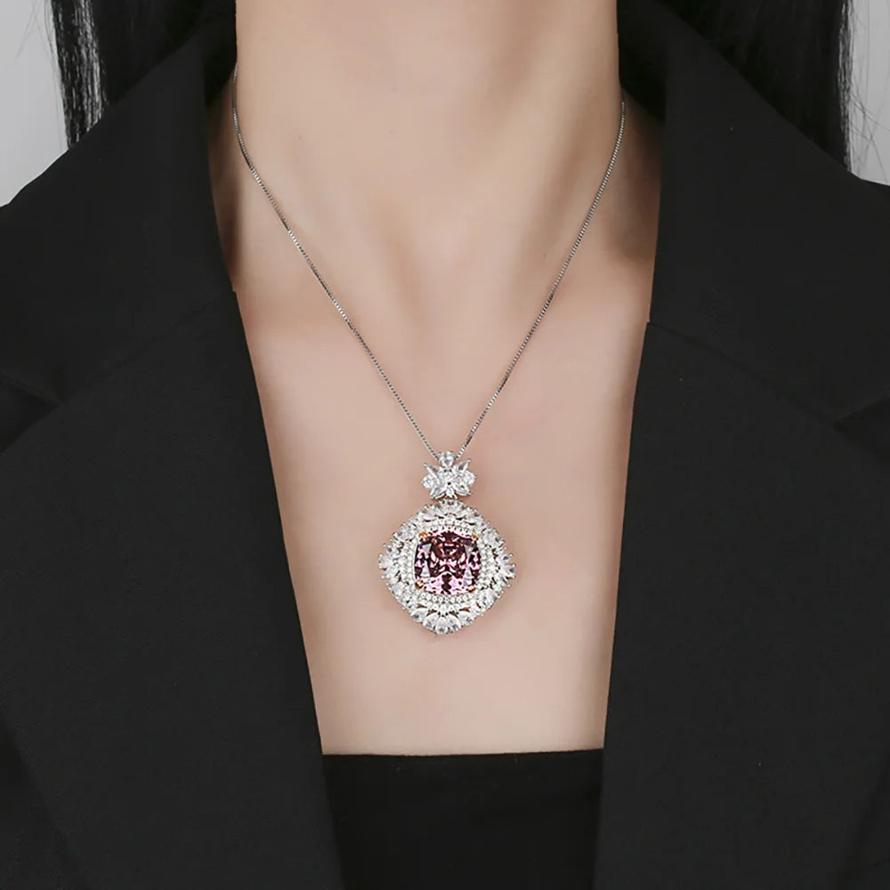 Trend Retro 16*16mm Sapphire Pink Quartz Big Pendant Necklace for Women Gemstone Cocktail Party Fine Jewelry Accessories Gift