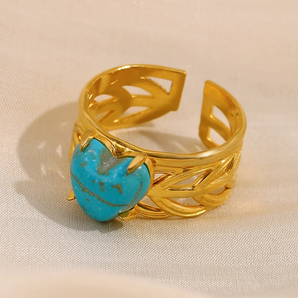 E.B.belle Leaf Pattern Natural Blue Turquoise Stone Heart Opening Ring 18K Gold Plated Stainless Steel Party Waterproof Jewelr y