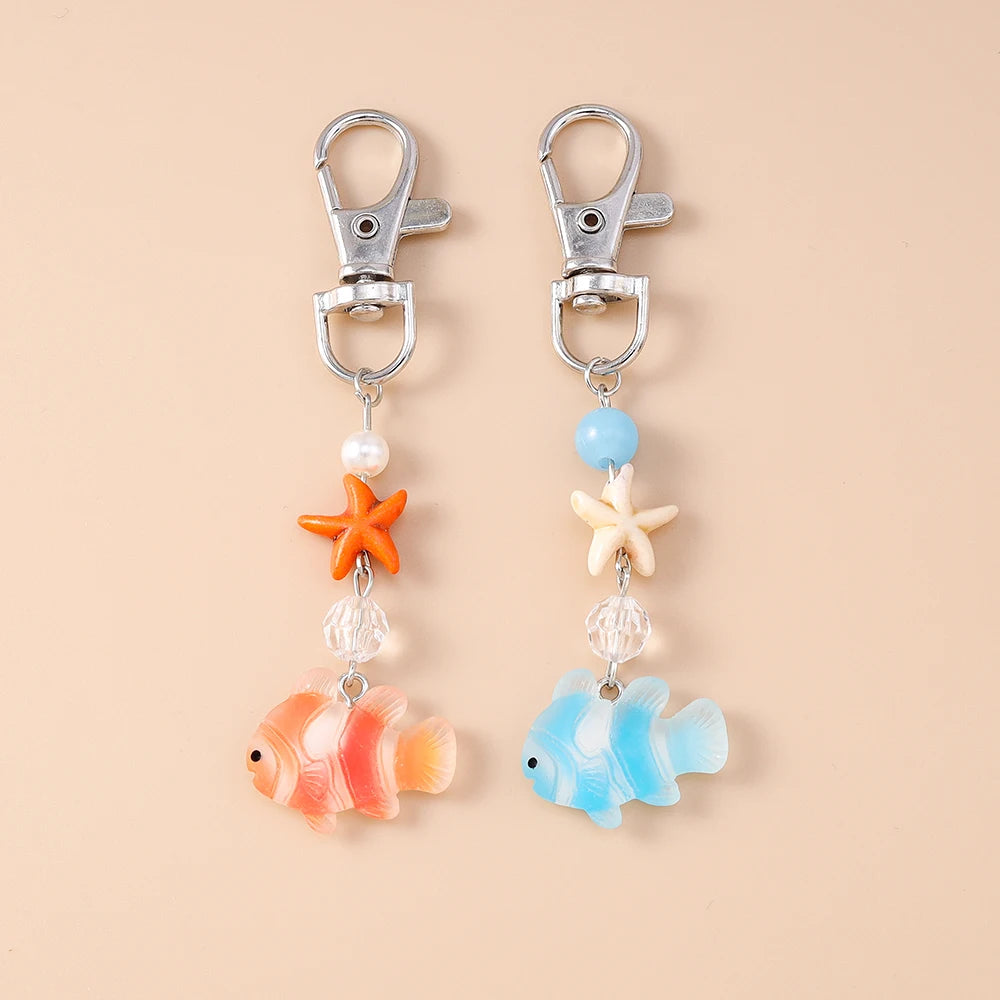 Aihua Lovely Pearl Starfish Small Fish Keychain For Summer Beach Kids Girls Cute Handbag Pendants Key Rings Jewelry Gifts