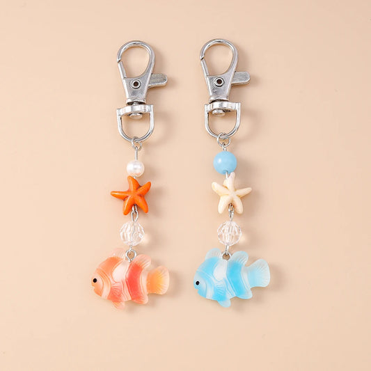 Aihua Lovely Pearl Starfish Small Fish Keychain For Summer Beach Kids Girls Cute Handbag Pendants Key Rings Jewelry Gifts