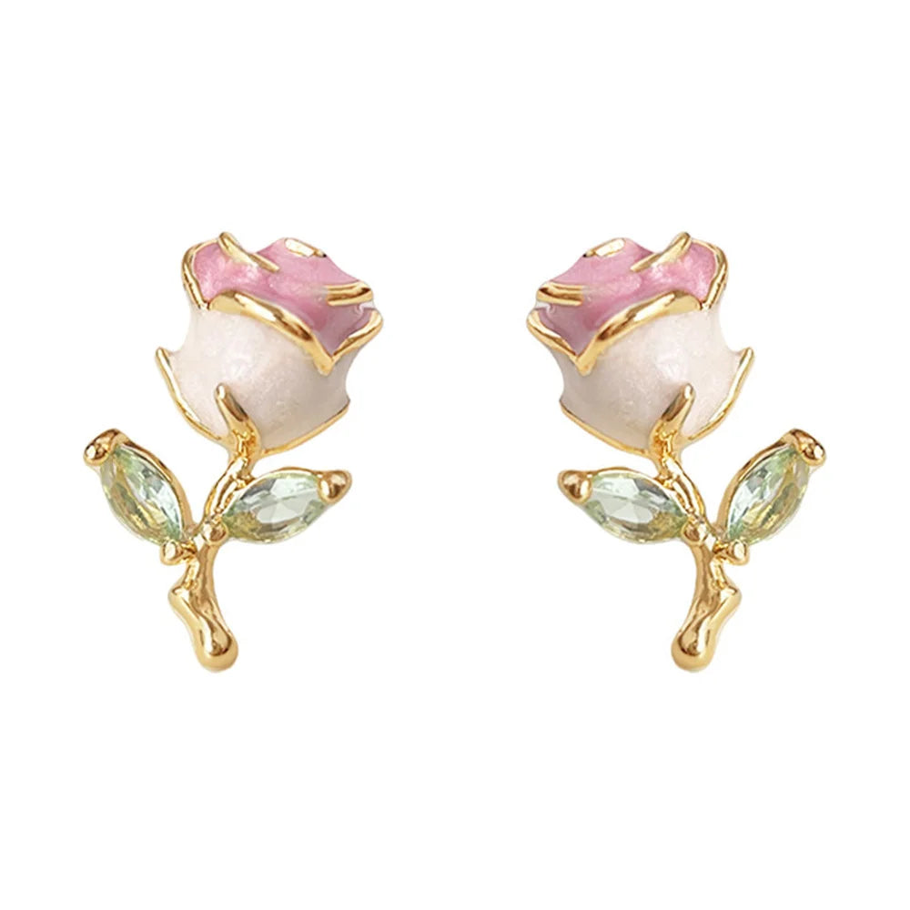 Cute Female White Enamel Gold Color Pink Flower Stud Earrings Lovely Bridal Wedding Jewelry For Women