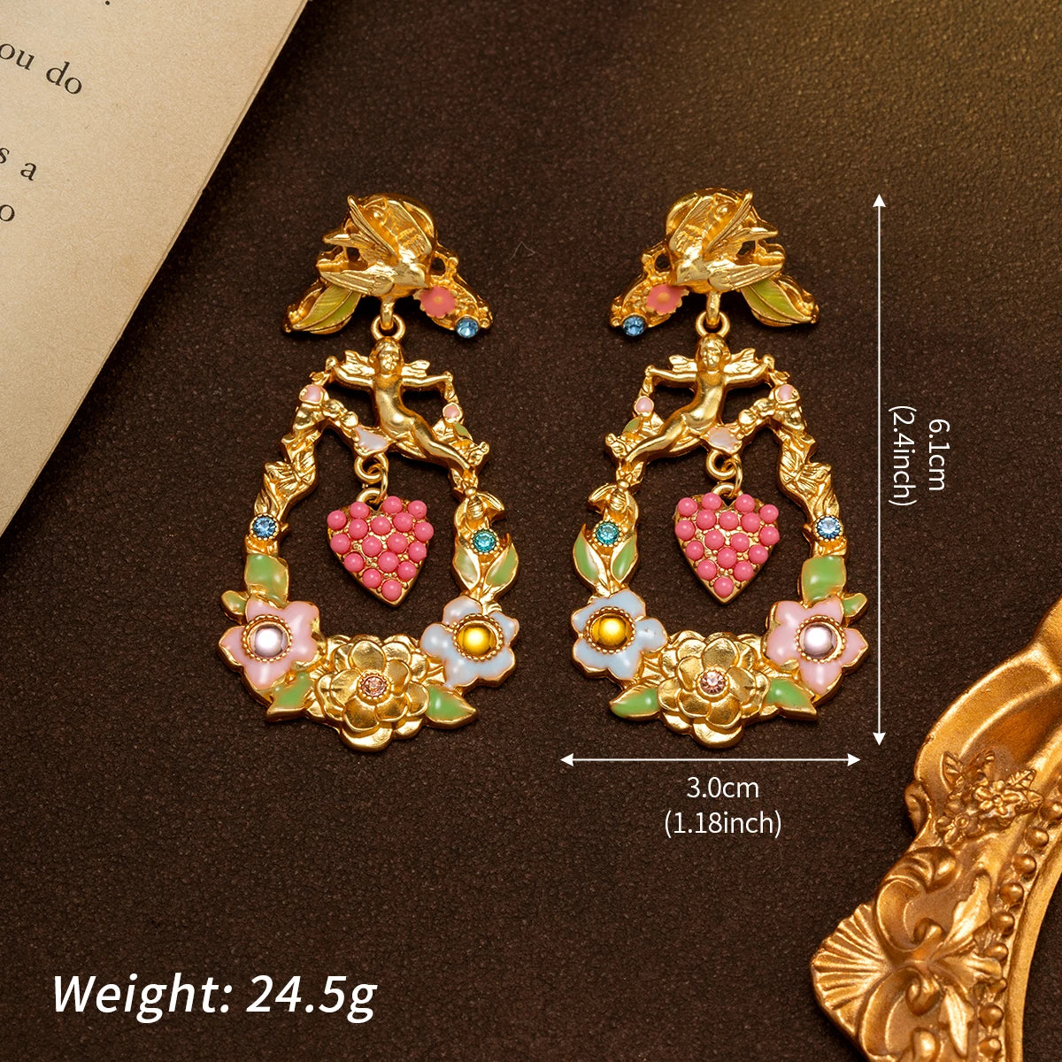 Vintage Baroque Angel Flower Earrings with Enamel and Antique Gold Heart Pendant, French Court Style Niche Earrings for Women