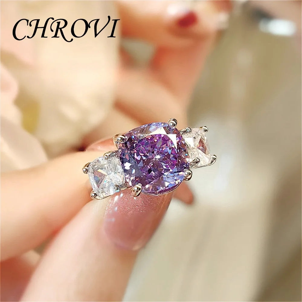 Fashion 925 Sterling Silver Pink Diamond Necklace with Purple Pendant, Stud Earrings, Ring, and Coloured Gemstone Set for Women