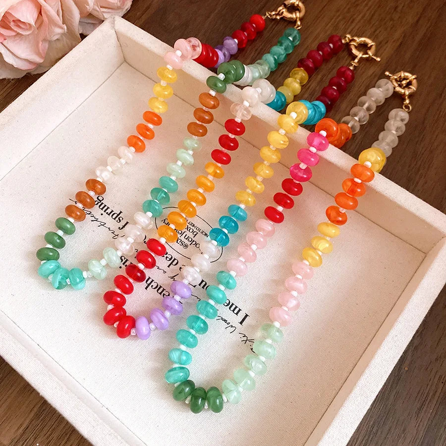 European American Jewelry Rainbow Acrylic Beaded Clavicle Chain Dopamine Sweet Irregular Necklace for Women
