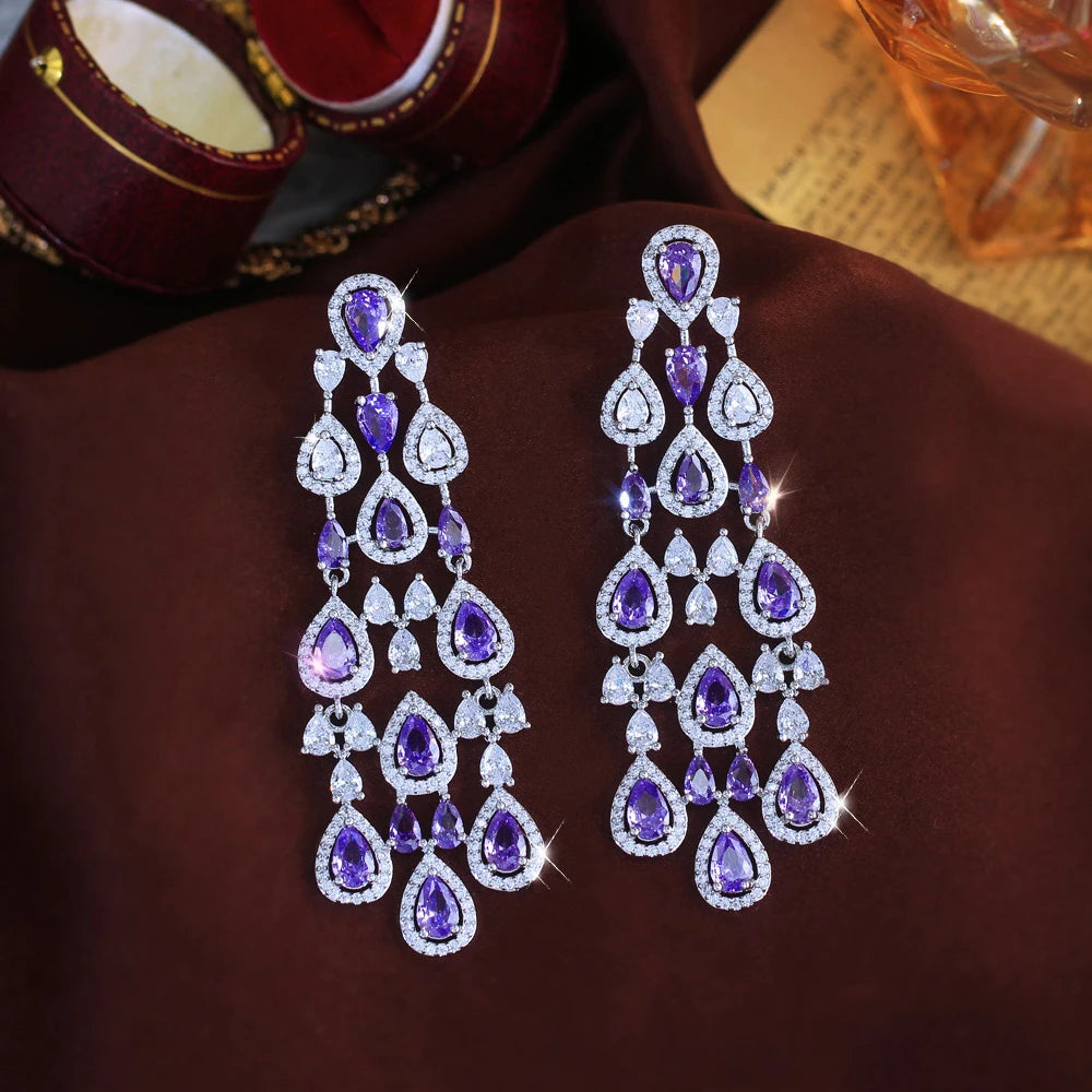 ThreeGraces Vintage Shiny Purple Zirconia Long Tassel Chandelier Drop Bridal Wedding Party Earrings for Ladies Jewelry ER531