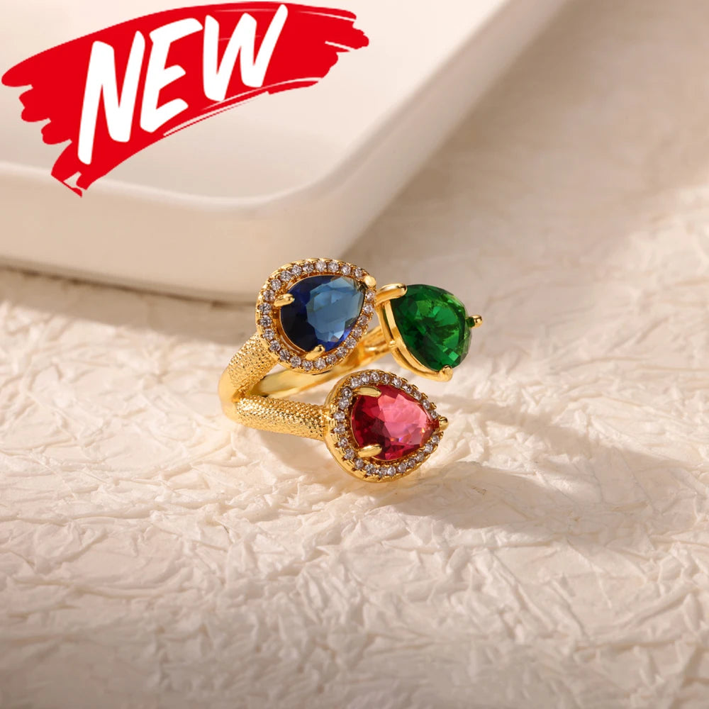 Luxury Stainless Steel Rings Gold Plated Colorful Stone Zircon Crystal Heart Ring For Women Wedding Boho Jewelry Christmas Gift