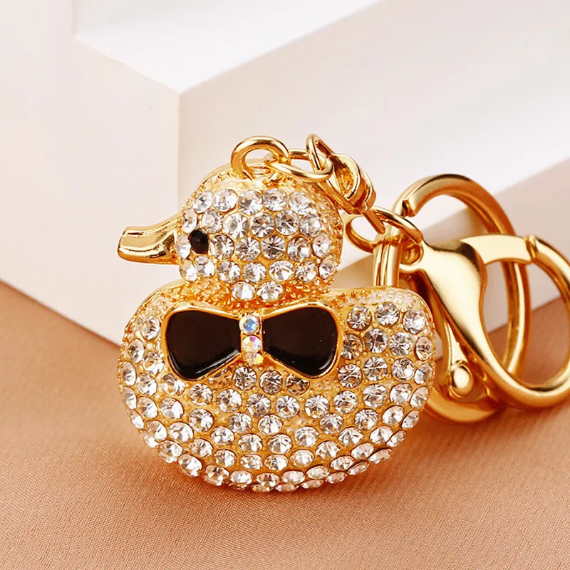 Creative rhinestone cute big yellow duck car keychain women's bag pendant metal key chain ring festival gift wholesale