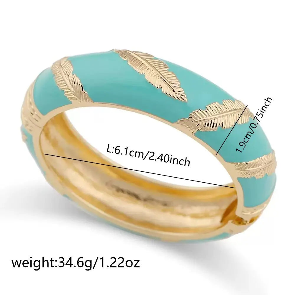 KMVEXO Imitation Enamel Feather Pattern Shape  Metal Wide Bangles for Women Geometric Irregular Spring Pearl Bracelet Jewelry