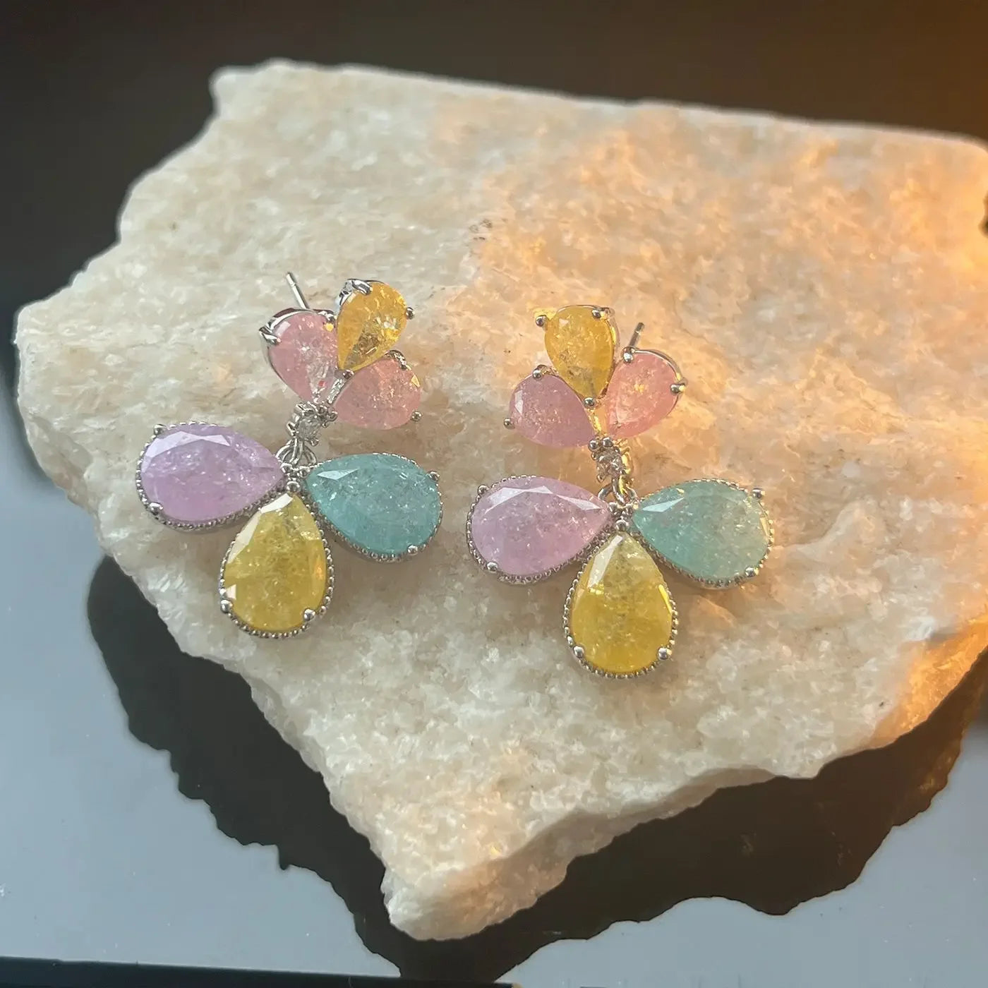 S925 Sterling Silver Colorful Ice Flower Zircon French Drop Earrings Geometric Fashion Jewelry for Women Girls Daily Wear Gift