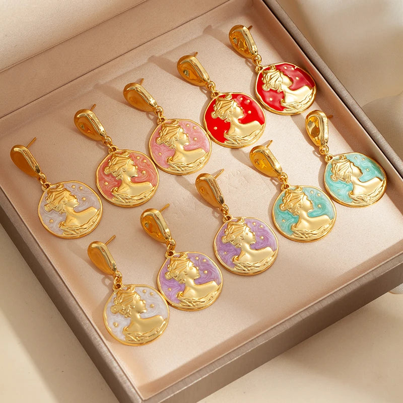 ANENJERY 316L Stainless Steel Portrait Round Card Pendant Earrings For Women Vintage Personality Versatile Party Jewelry Gifts
