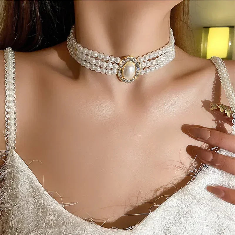 Elegant Multilayer Pearl Choker Necklaces for Women Crystal Flowers Necklaces Weddings Party Jewelry