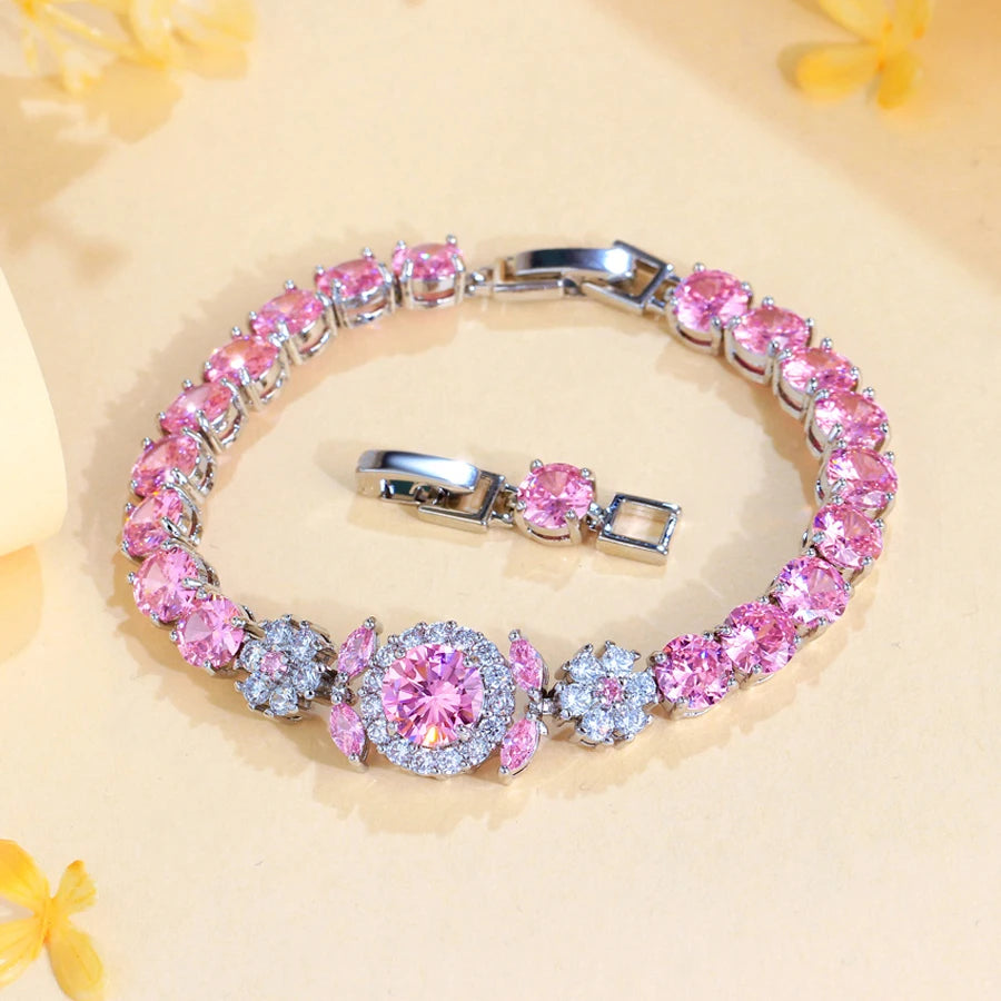 ThreeGraces Elegant Shiny Pink Round Zirconia Fashion Flower Bridal Wedding Engagement Tennis Bracelet for Women Jewelry BR411