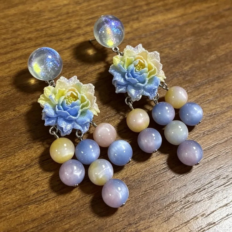 Gradient Floral Earrings for Women Tassels Beads Vintage Palace Style Jewelry Elegant Fashion Light Luxury Aretes De Mujer