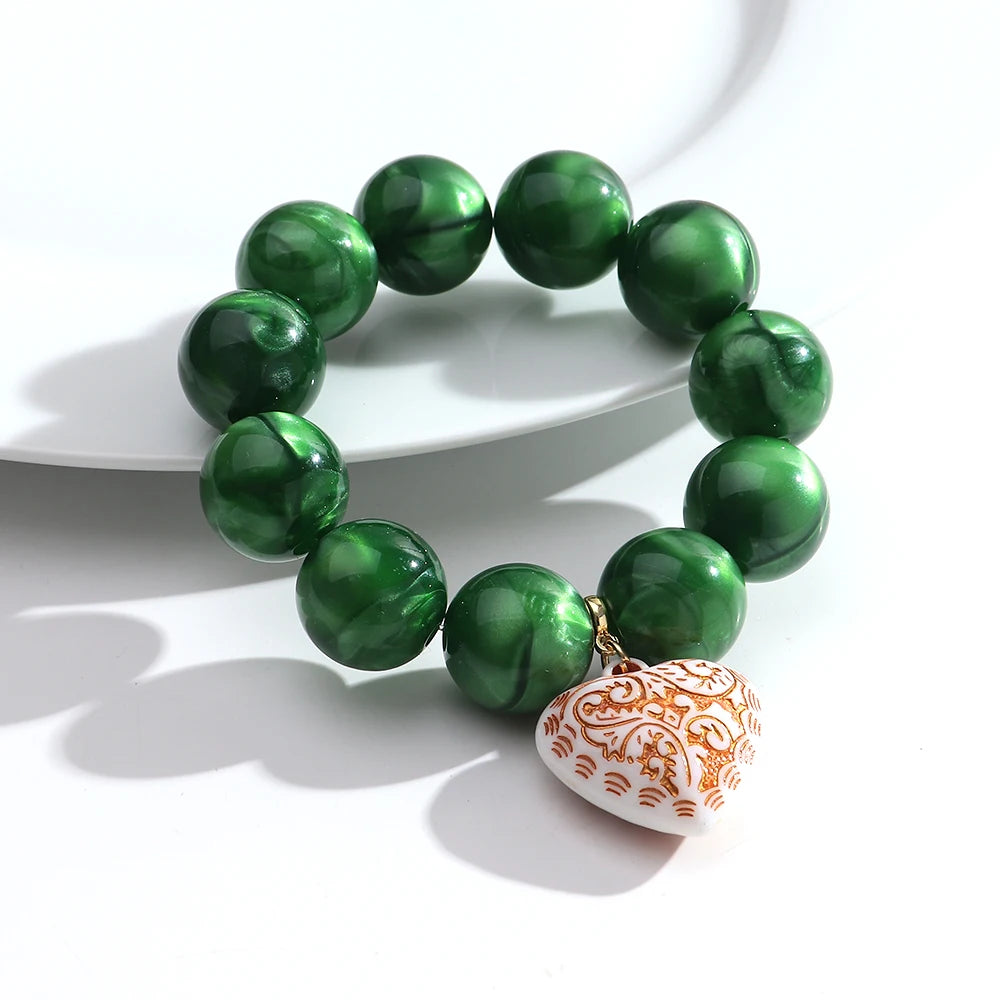 Boho Colorful Round Beads Heart Pendant Elastic Bracelets Fashion Geometric Beaded Bangle Bracelet Women Jewelry Gifts