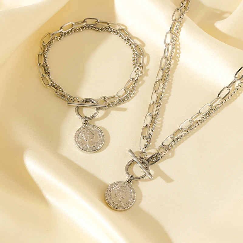 EILIECK 316L Stainless Steel Gold Color Portrait Coin Necklace Bracelets Set For Women New Trendy OT Buckle Waterproof Jewelry