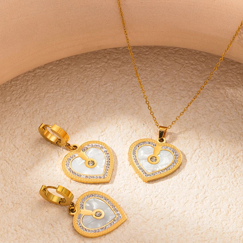 ANENJERY 316L Stainless Steel Double sided Heart Shiny Zircon Necklace Earrings For Women Niche Vintage Jewelry Gifts Wholesale