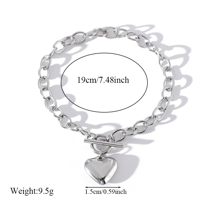 EILIECK New Fashion Stainless Steel Coins Heart Charm Bracelet For Women Trendy Gold Silver Color Wrist Chain Jewelry Lady Gift