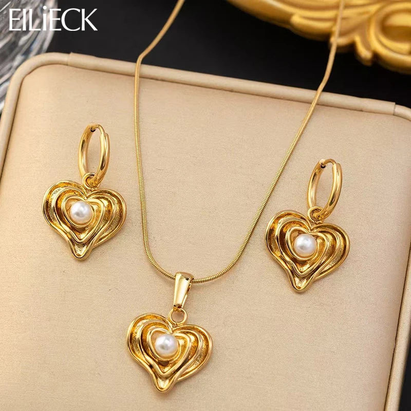 EILIECK New Fashion Stainless Steel Metal Heart Pearl Necklace Earrings For Women Trendy Gold Color Waterproof Jewelry Set Gift